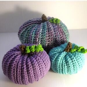 NWT Purple Blue Handmade Crocheted Pumpkin Set of 3 by Dawny